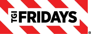 TGI Fridays logo with bold black text on a white background, set over diagonal red and white stripes.